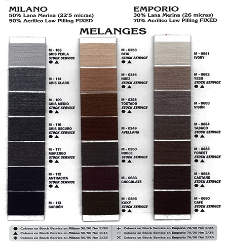 Ruben Gandia,hilo,hilados,yarn,threads,acrilico,acrylic,hb,nm,ne,2/22, Milano 50% lana merina 50% acri. low pilling Nm. 2/25-2/28-2/44 Emporio 30% lana merina 70 % acri low pilling Nm. 2/25-2/28-2/38